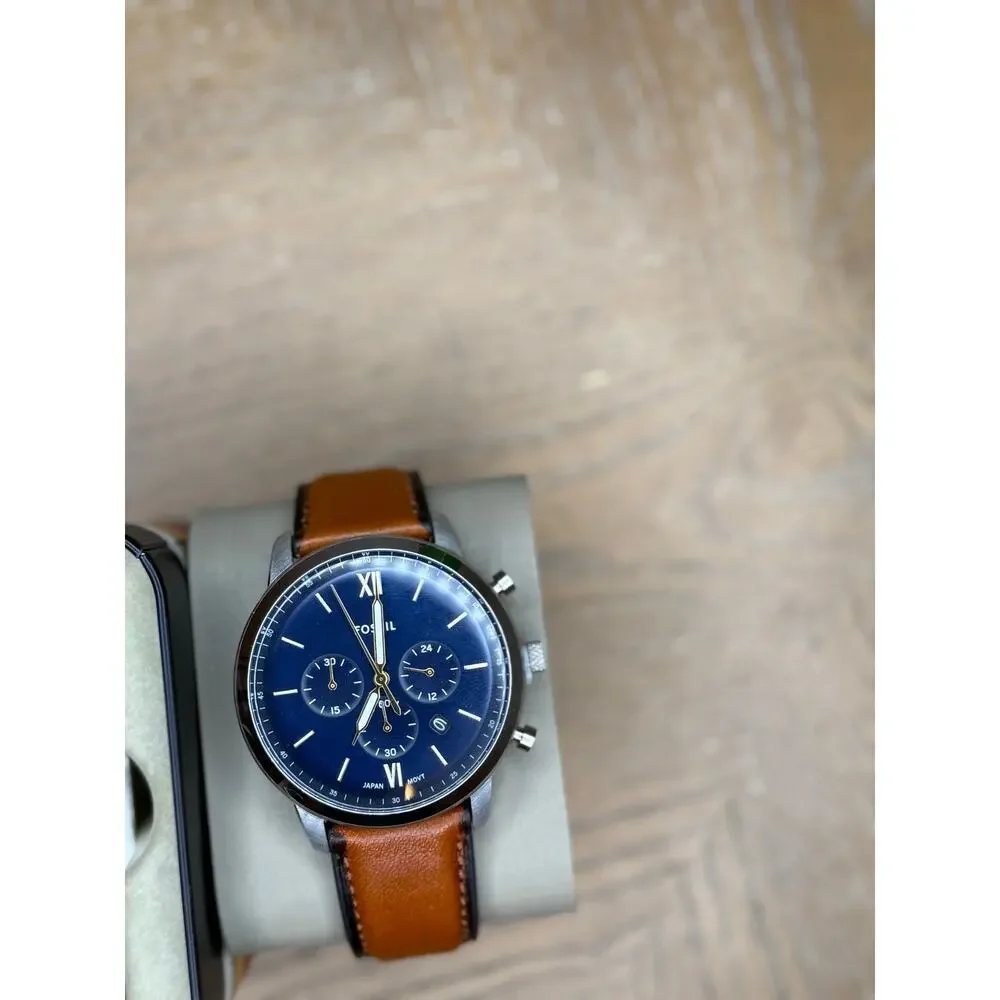 Fossil Chronograph Watch Blue Dial Brown Leather Strap Men’s Stainless Steel